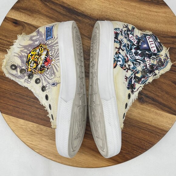VTG Ed Hardy Canvas Laceless Skull Tiger Print Womens 5 High Top Slip On Shoes - Picture 10 of 13